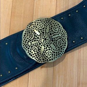 Fossil Vintage Black Leather Wide Belt With Gold Buckle